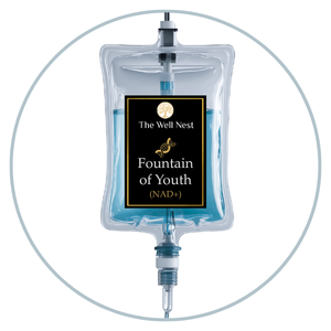 IV infusion bag labeled 'The Well Nest Fountain of Youth (NAD+)' with blue liquid, inside a circular frame.