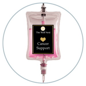 Pink IV drip bag with pink liquid, labeled The Well Nest Cancer Support, framed inside a light gray circle.