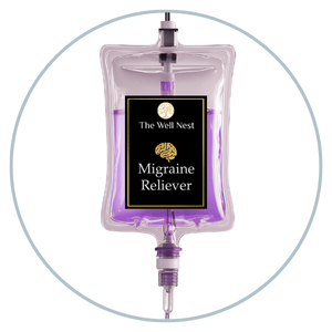 IV infusion bag labeled The Well Nest Migraine Reliever with purple liquid, ready for administration.