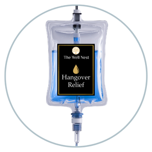 IV drip bag labeled Hangover Relief from The Well Nest, framed by a circular border, ready for infusion.