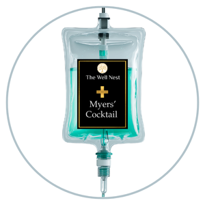 IV drip bag labeled 'The Well Nest Myers' Cocktail' against a circular frame, indicating an IV therapy product.