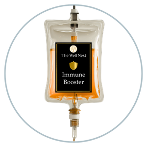 IV infusion bag with amber liquid labeled 'The Well Nest Immune Booster' inside a circular gray frame.