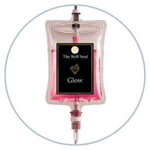 Cosmetic product named Glow by The Well Nest, in a pink liquid-filled IV-bag-shaped container within a circular frame.