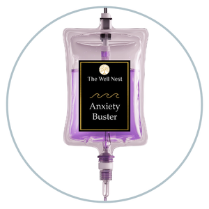 Product image of The Well Nest Anxiety Buster in a purple liquid-filled bag with an IV-style connector, framed by a light gray circular border.