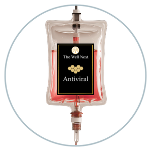 IV IV fluid bag labeled 'The Well Nest Antiviral' hanging with a light blue circular frame around it.
