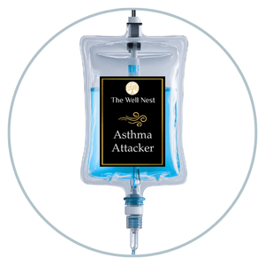 IV bag with blue liquid, hanging from a pole, labeled 'The Well Nest Asthma Attacker' inside a circular frame; conveys a medical treatment theme.